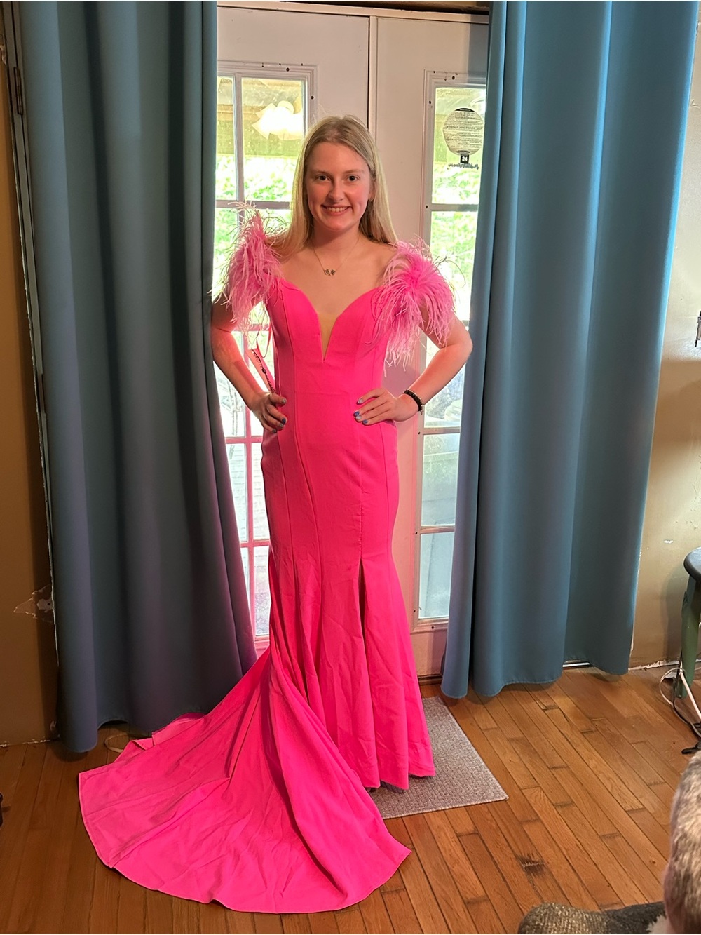 Hot Pink Feather-Shoulder Mermaid Prom Dress